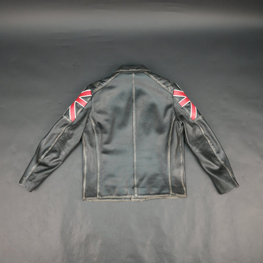 Mens Black Real Leather Biker Jacket with UK Union Jack Flag Patches - Vintage Style Motorcycle Rider Jacket #Desiderio #LeatherJacket #BikerJacket #MotorcycleJacket #VintageStyle #GenuineLeather #MensFashion #RiderGear