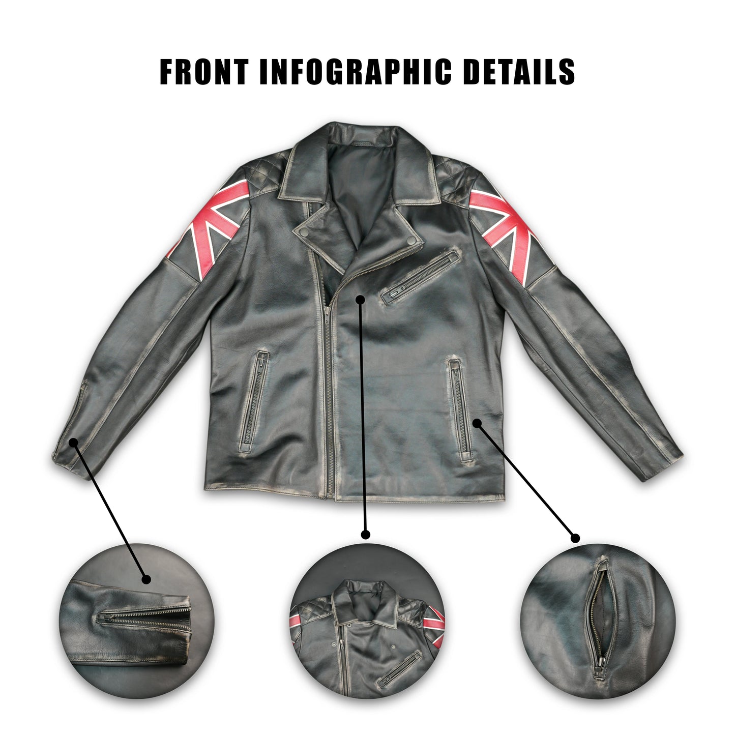 Mens Black Real Leather Biker Jacket with UK Union Jack Flag Patches - Vintage Style Motorcycle Rider Jacket #Desiderio #LeatherJacket #BikerJacket #MotorcycleJacket #VintageStyle #GenuineLeather #MensFashion #RiderGear