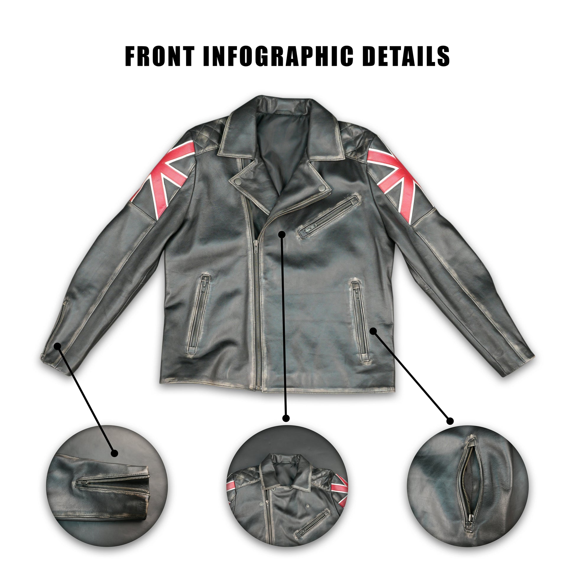Mens Black Real Leather Biker Jacket with UK Union Jack Flag Patches - Vintage Style Motorcycle Rider Jacket #Desiderio #LeatherJacket #BikerJacket #MotorcycleJacket #VintageStyle #GenuineLeather #MensFashion #RiderGear