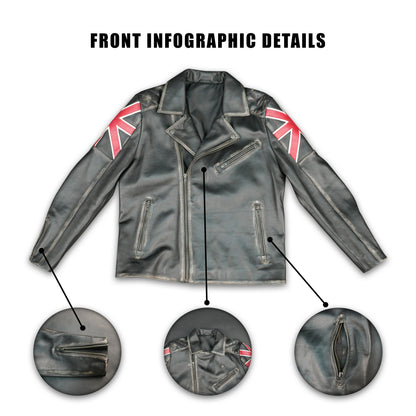 Mens Black Real Leather Biker Jacket with UK Union Jack Flag Patches - Vintage Style Motorcycle Rider Jacket #Desiderio #LeatherJacket #BikerJacket #MotorcycleJacket #VintageStyle #GenuineLeather #MensFashion #RiderGear