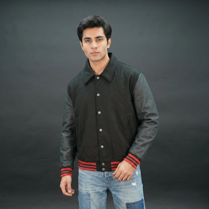 Mens Black Varsity Jacket with Leather - Button Up Letterman Jacket
#Desiderio #VarsityJacket #LettermanJacket #MensJacket #LeatherJacket