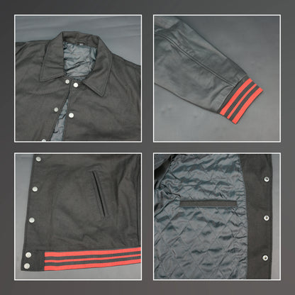 Mens Black Varsity Jacket with Leather - Button Up Letterman Jacket
#Desiderio #VarsityJacket #LettermanJacket #MensJacket #LeatherJacket