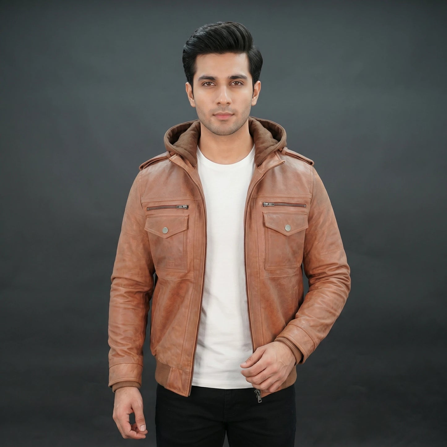 Men tan leather hooded bomber jacket with fleece-lined hood and zip closure