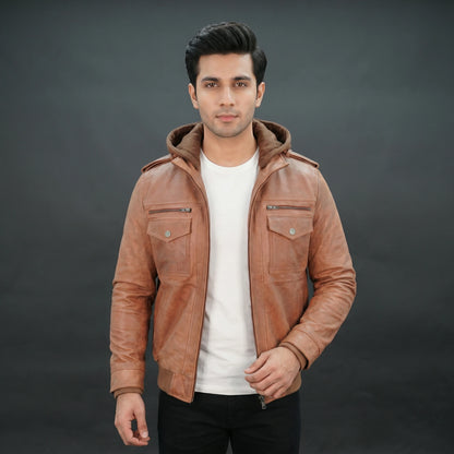 Men tan leather hooded bomber jacket with fleece-lined hood and zip closure