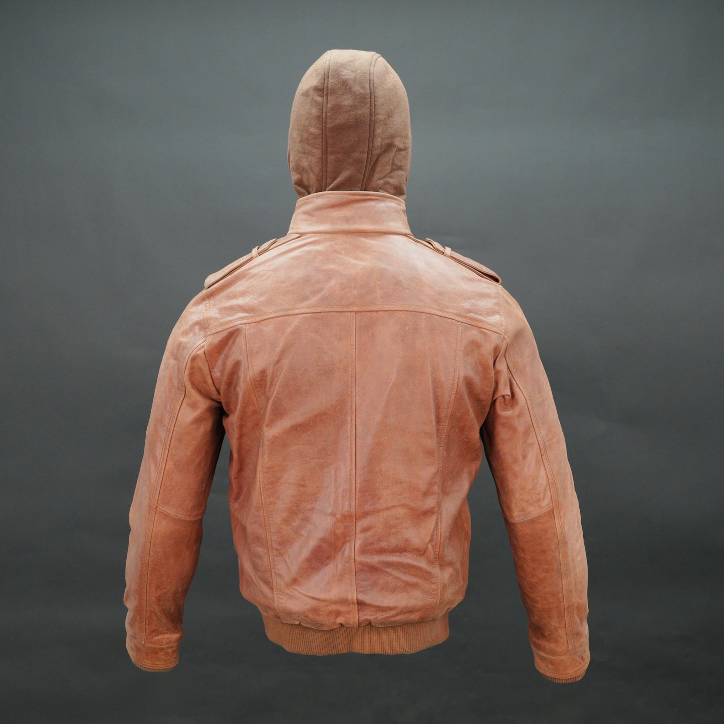 Men tan leather hooded bomber jacket with fleece-lined hood and zip closure