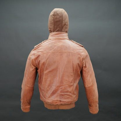 Men tan leather hooded bomber jacket with fleece-lined hood and zip closure