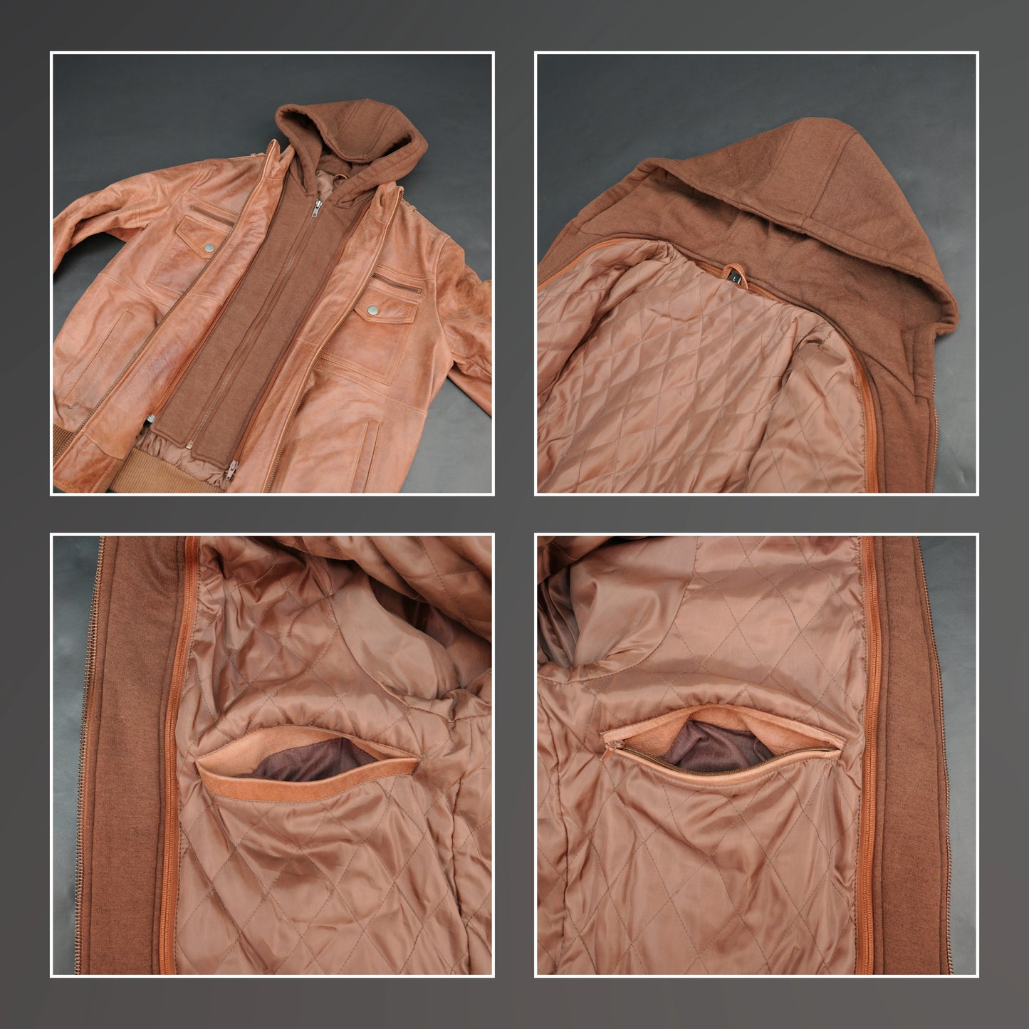 Men tan leather hooded bomber jacket with fleece-lined hood and zip closure