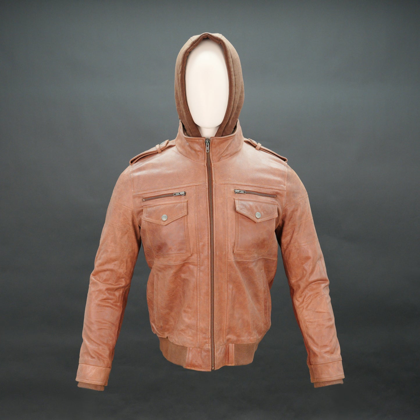 Men tan leather hooded bomber jacket with fleece-lined hood and zip closure