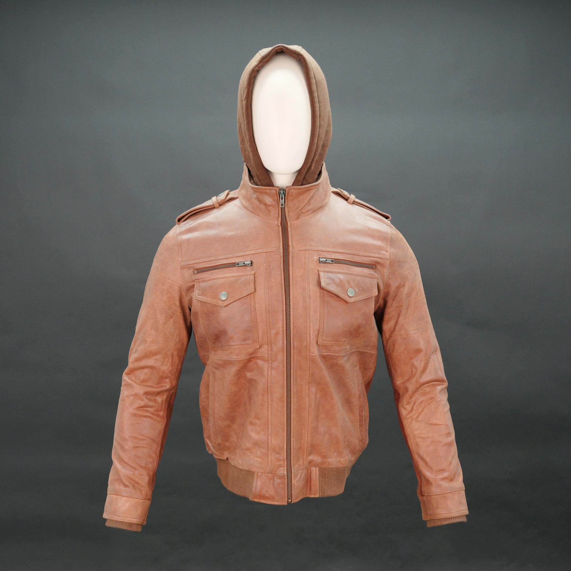 Men tan leather hooded bomber jacket with fleece-lined hood and zip closure