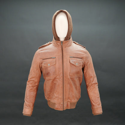 Men tan leather hooded bomber jacket with fleece-lined hood and zip closure