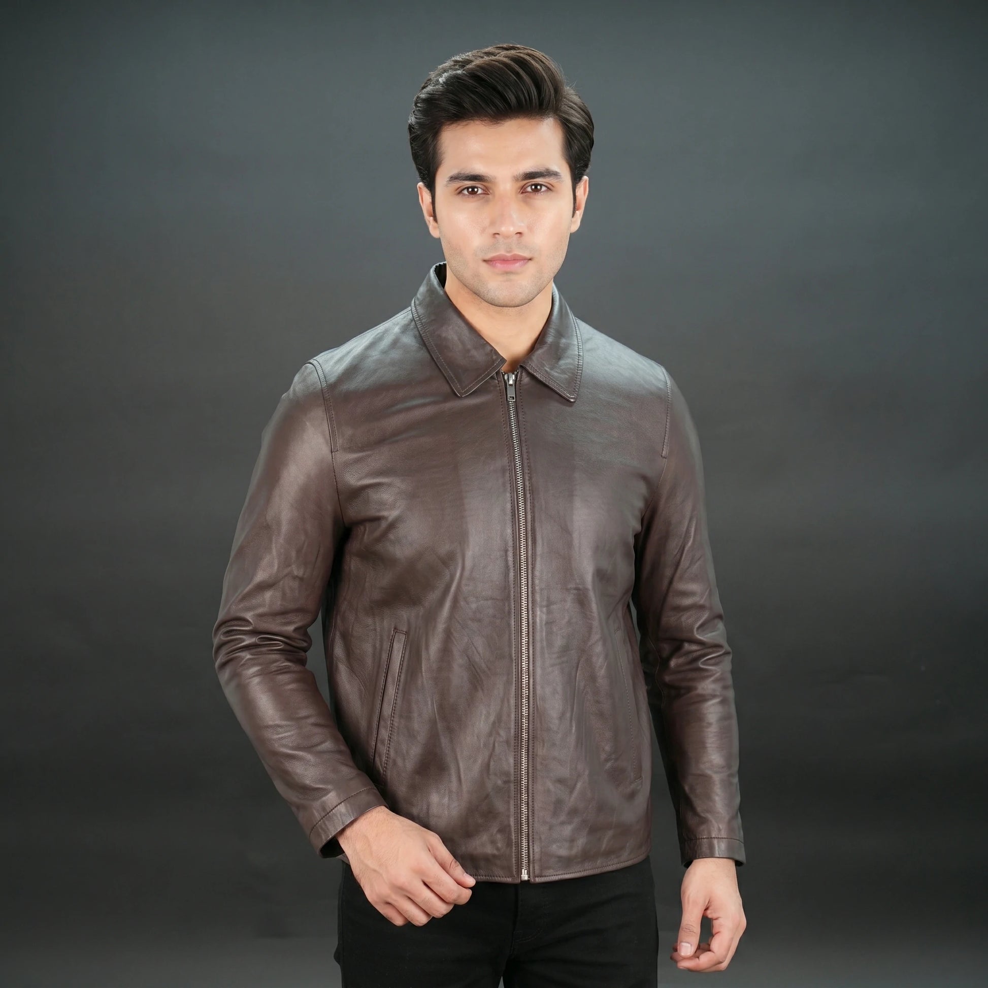 Men chocolate leather biker jacket with shirt collar and zipper closure