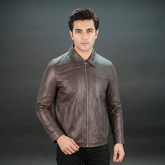 Men chocolate leather biker jacket with shirt collar and zipper closure