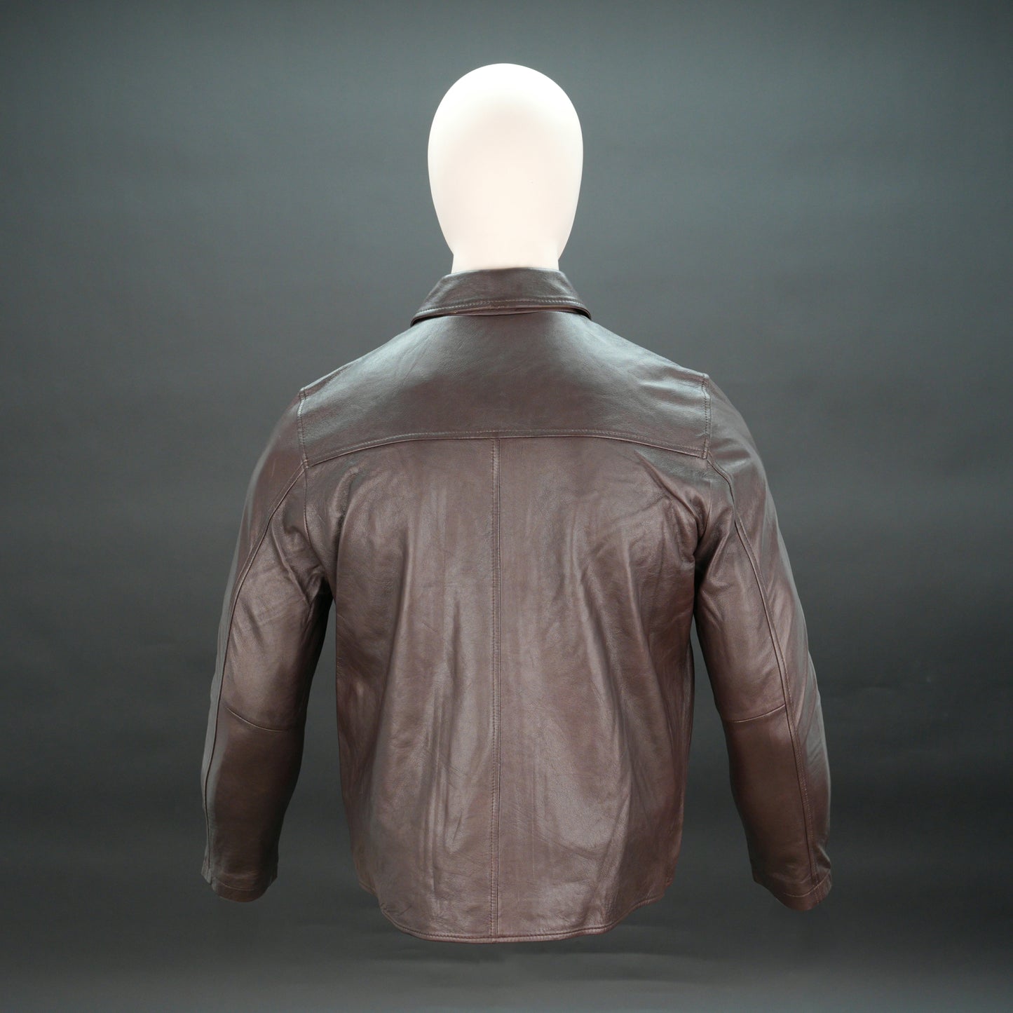 Men chocolate leather biker jacket with shirt collar and zipper closure