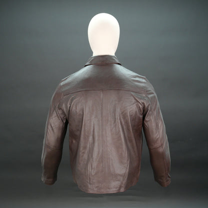 Men chocolate leather biker jacket with shirt collar and zipper closure