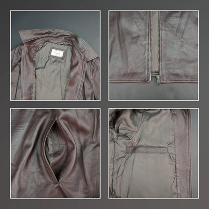 Men chocolate leather biker jacket with shirt collar and zipper closure