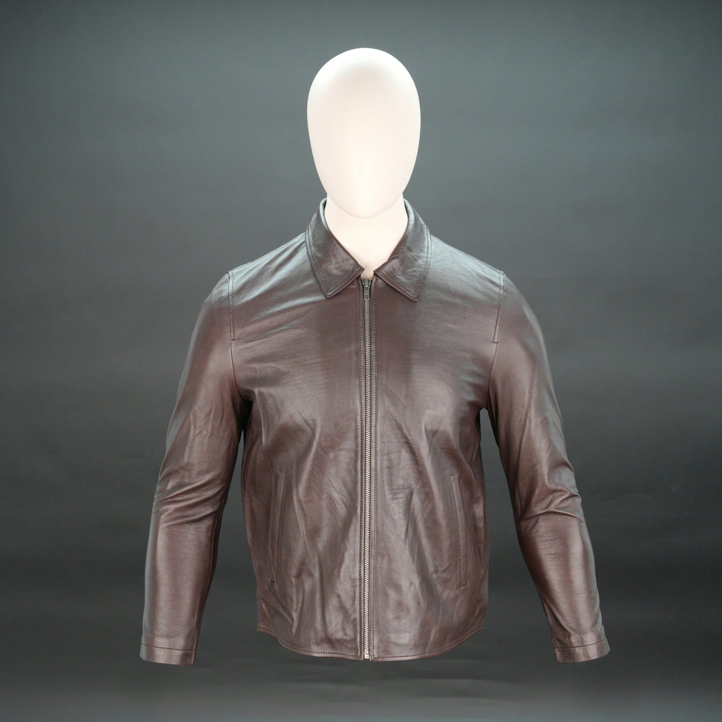 Men chocolate leather biker jacket with shirt collar and zipper closure