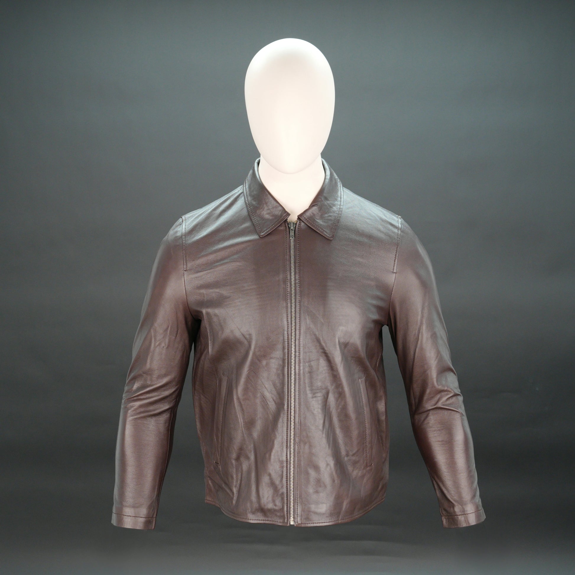 Men chocolate leather biker jacket with shirt collar and zipper closure