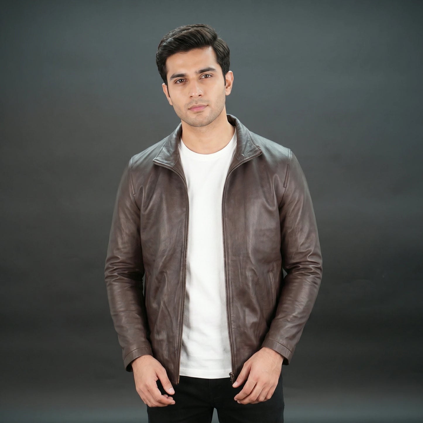 Men brown leather biker jacket with stand-up collar and zipper closure