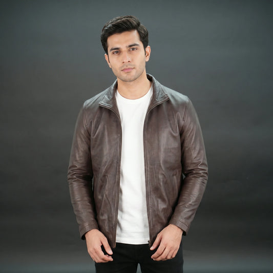 Men brown leather biker jacket with stand-up collar and zipper closure