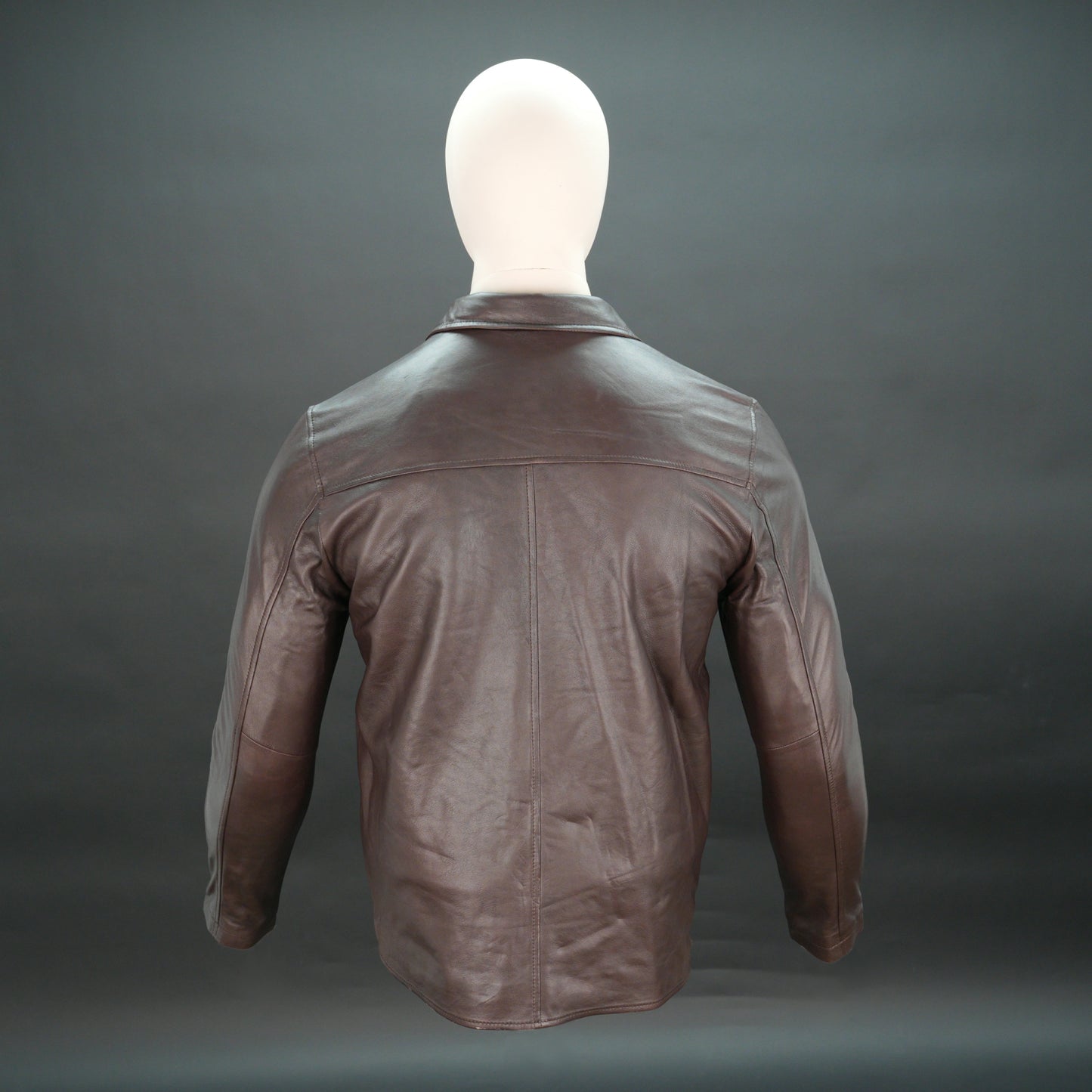 Men brown leather biker jacket with stand-up collar and zipper closure