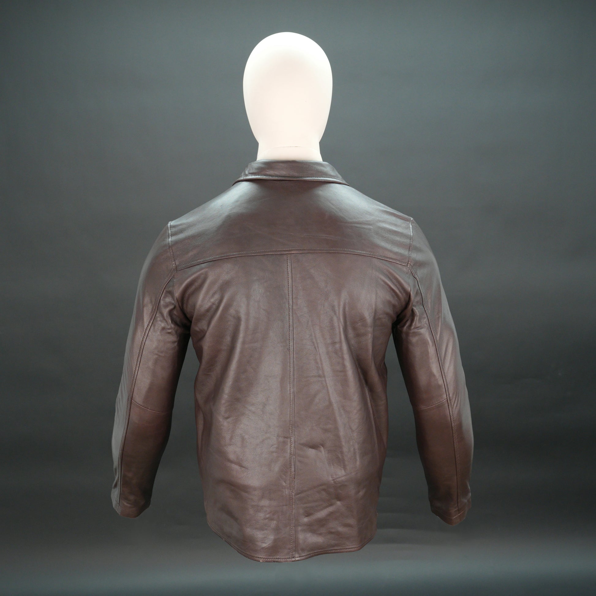 Men brown leather biker jacket with stand-up collar and zipper closure