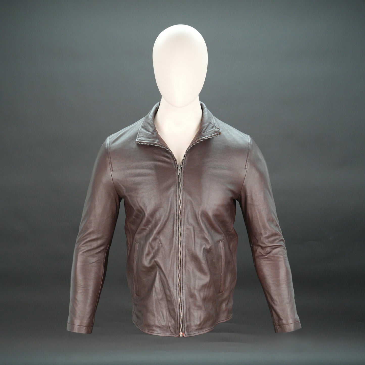 Men brown leather biker jacket with stand-up collar and zipper closure