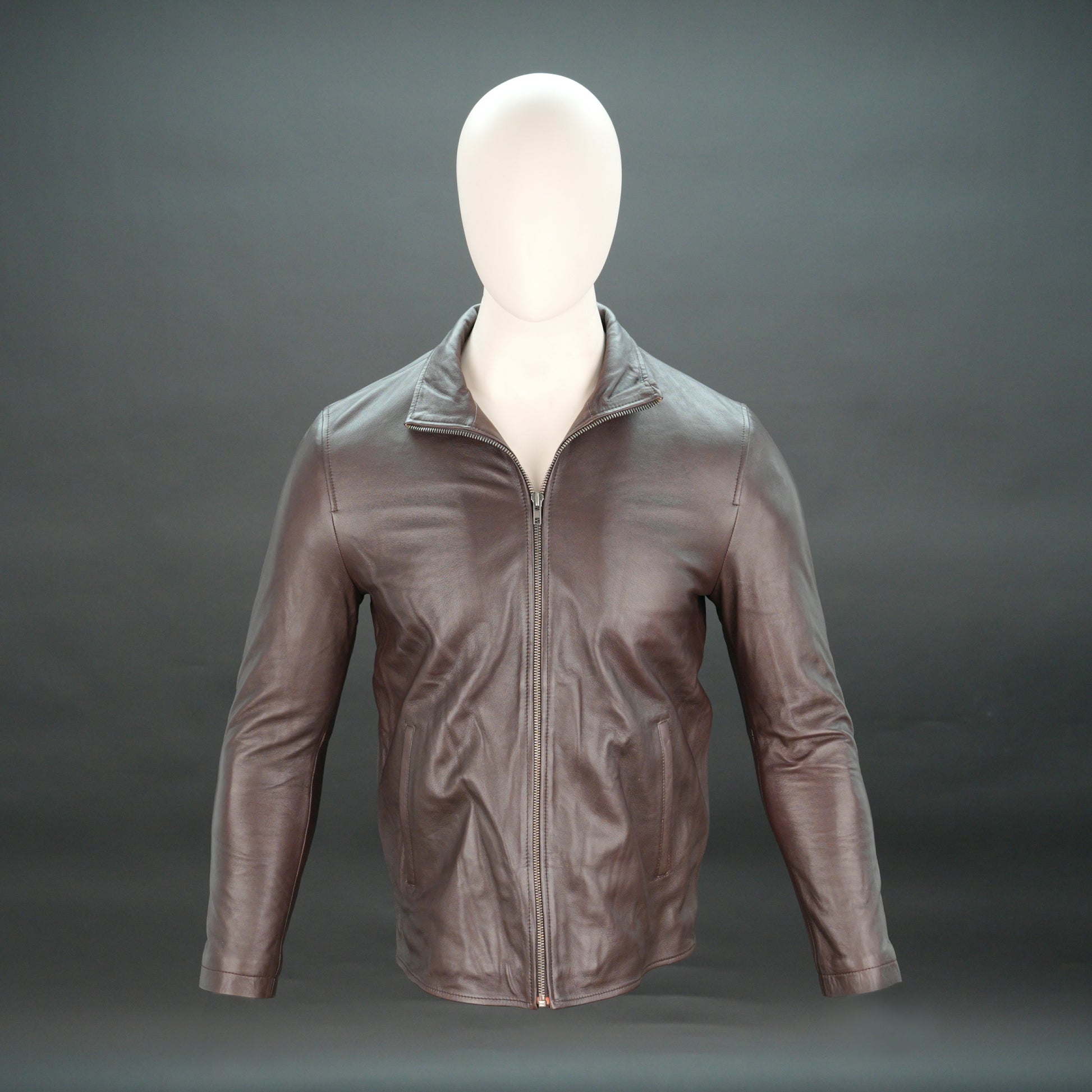 Men brown leather biker jacket with stand-up collar and zipper closure