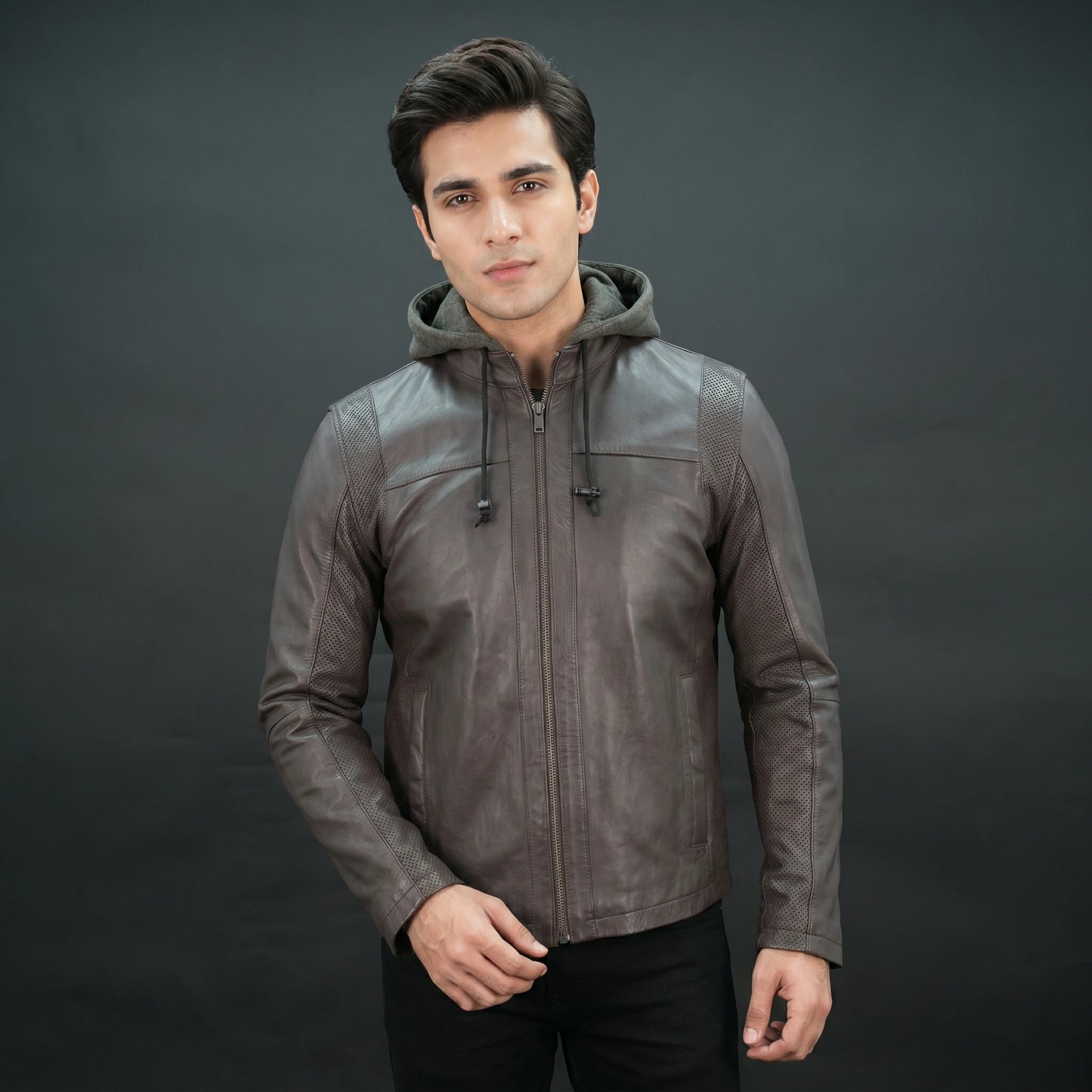 Mens Brown Leather Hooded Biker Jacket - Perforated Zip-Up Moto Jacket #Desiderio #BikerJacket #LeatherJacket #MotoJacket #MensFashion