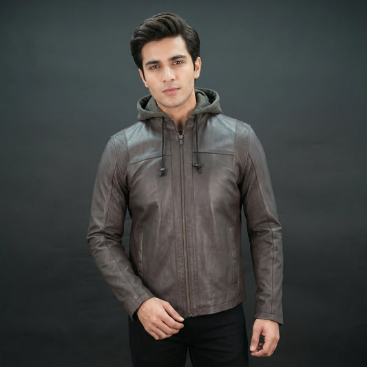 Mens Brown Leather Hooded Biker Jacket - Perforated Zip-Up Moto Jacket #Desiderio #BikerJacket #LeatherJacket #MotoJacket #MensFashion