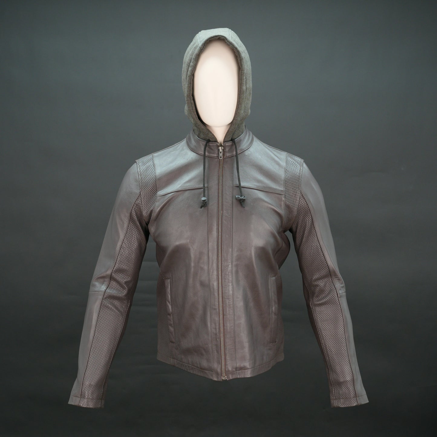 Mens Brown Leather Hooded Biker Jacket - Perforated Zip-Up Moto Jacket #Desiderio #BikerJacket #LeatherJacket #MotoJacket #MensFashion