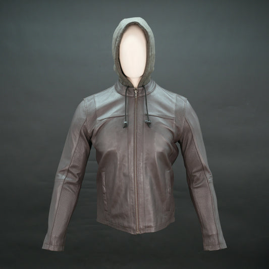 Mens Brown Leather Hooded Biker Jacket - Perforated Zip-Up Moto Jacket #Desiderio #BikerJacket #LeatherJacket #MotoJacket #MensFashion