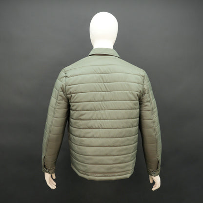 Men’s button-down six-pocket quilted puffer jacket in navy and green with full sleeves, snap button closure, and multiple pockets for storage and warmth