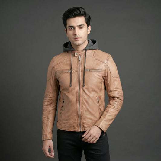 Men's Camel Leather Hooded Biker Jacket - Zip-Up Moto Jacket
#Desiderio #LeatherJacket #BikerJacket #MotoJacket #MensFashion