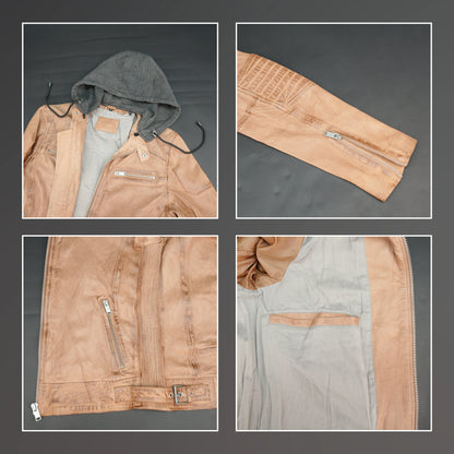 Men's Camel Leather Hooded Biker Jacket - Zip-Up Moto Jacket
#Desiderio #LeatherJacket #BikerJacket #MotoJacket #MensFashion