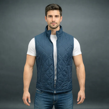 Men’s navy double diamond puffer vest sleeveless gilet with zip closure and pockets for layering.