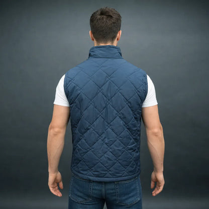 Men’s navy double diamond puffer vest sleeveless gilet with zip closure and pockets for layering.