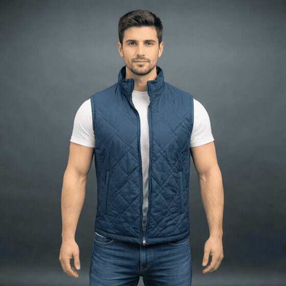 Men’s navy double diamond puffer vest sleeveless gilet with zip closure and pockets for layering.
