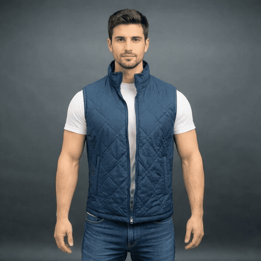 Men’s navy double diamond puffer vest sleeveless gilet with zip closure and pockets for layering.