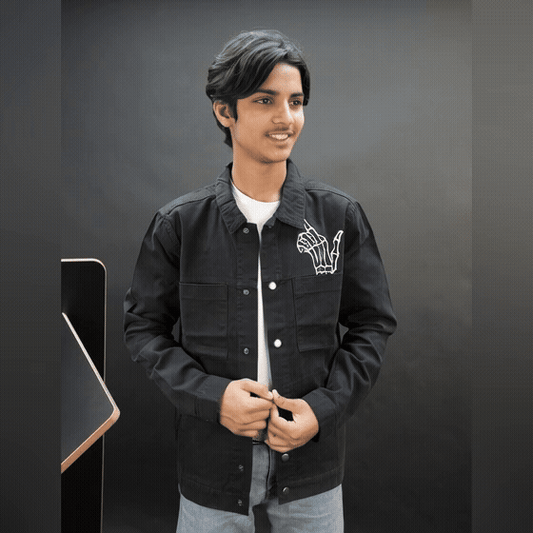 Men’s black denim jacket with bold finger print graphic, button-down front, adjustable cuffs, and side pockets, casual relaxed fit