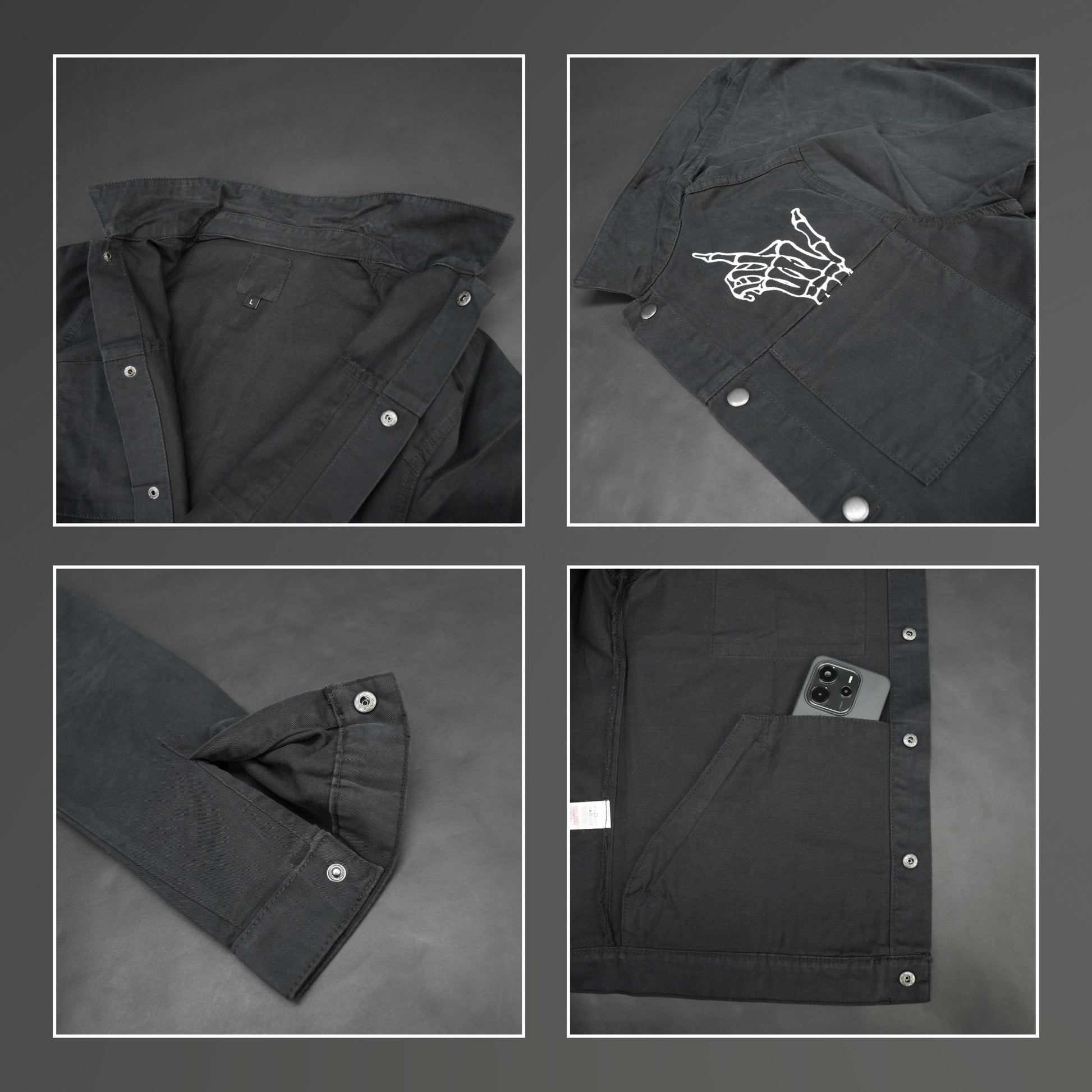 Men’s black denim jacket with bold finger print graphic, button-down front, adjustable cuffs, and side pockets, casual relaxed fit