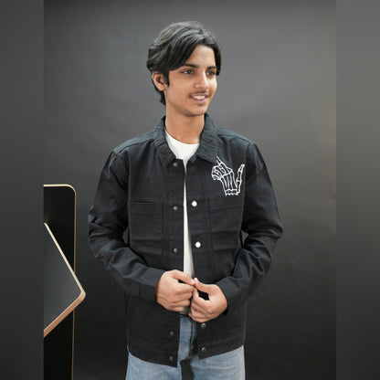 Men’s black denim jacket with bold finger print graphic, button-down front, adjustable cuffs, and side pockets, casual relaxed fit