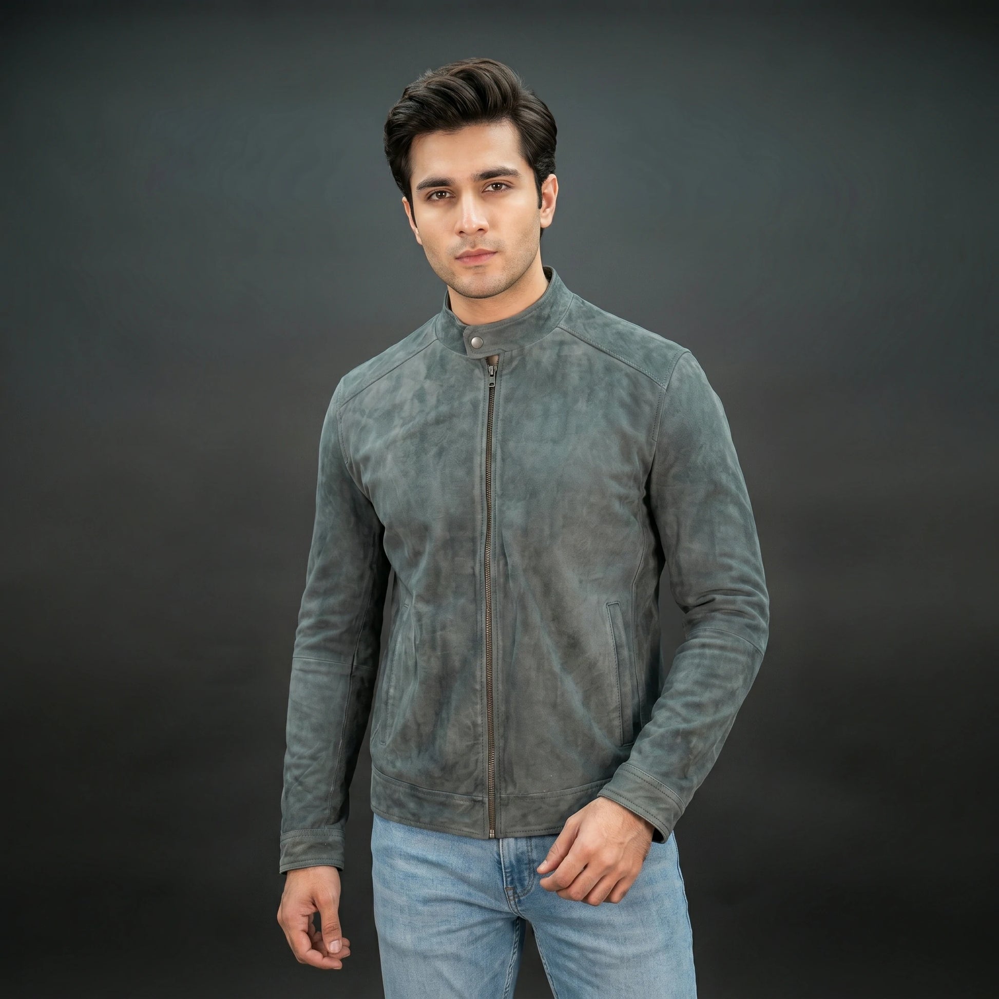 Mens Forest Suede Bomber Jacket - Zip-Up Mandarin Collar Jacket
#Desiderio #SuedeJacket #BomberJacket #MensJacket #FashionOuterwear