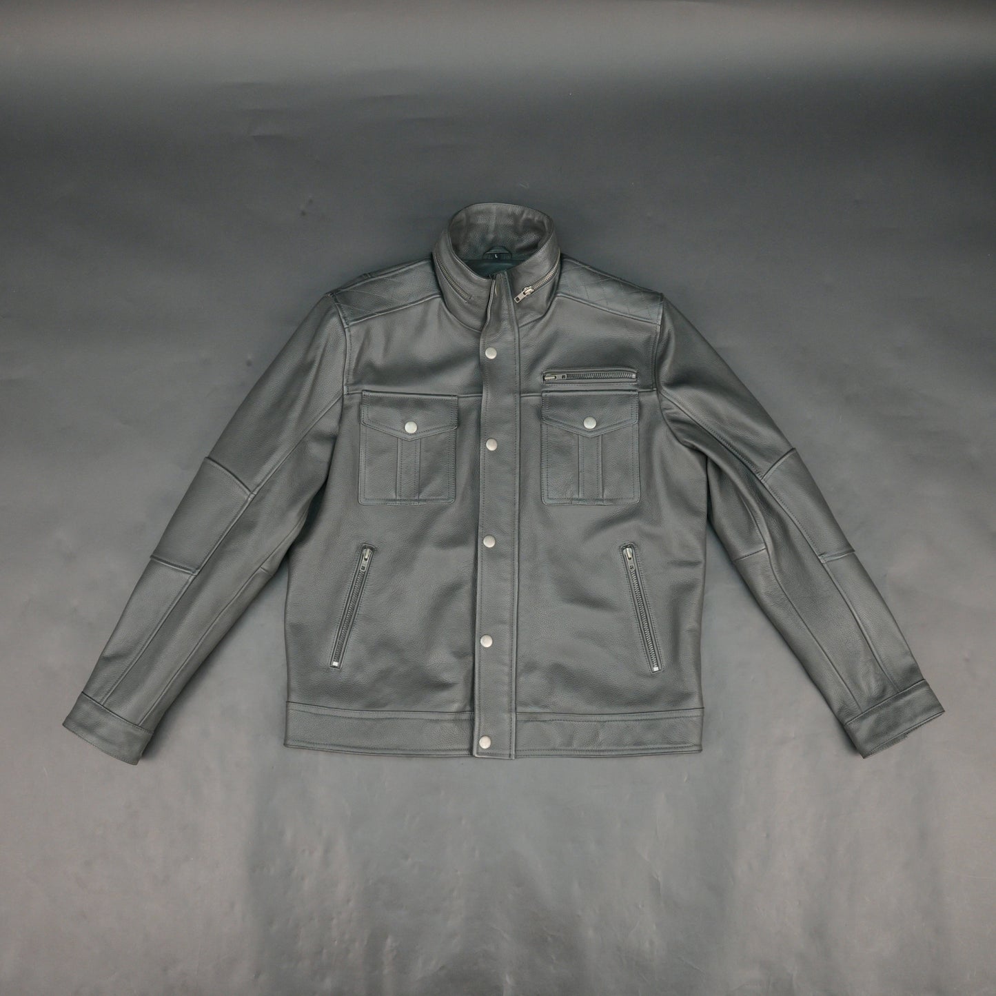 Mens Gray Stand Collar Leather Jacket Button Front with Flap Pockets & Zip Details #Desiderio #LeatherJacket #MensFashion #GenuineLeather #StandCollarJacket #LeatherStyle #PremiumOuterwear #CasualWear