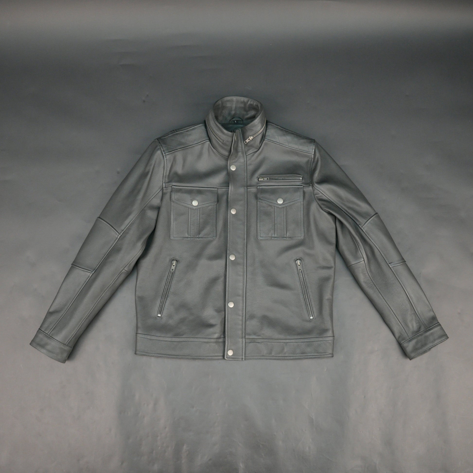 Mens Gray Stand Collar Leather Jacket Button Front with Flap Pockets & Zip Details #Desiderio #LeatherJacket #MensFashion #GenuineLeather #StandCollarJacket #LeatherStyle #PremiumOuterwear #CasualWear
