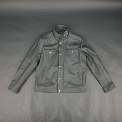 Mens Gray Stand Collar Leather Jacket Button Front with Flap Pockets & Zip Details #Desiderio #LeatherJacket #MensFashion #GenuineLeather #StandCollarJacket #LeatherStyle #PremiumOuterwear #CasualWear