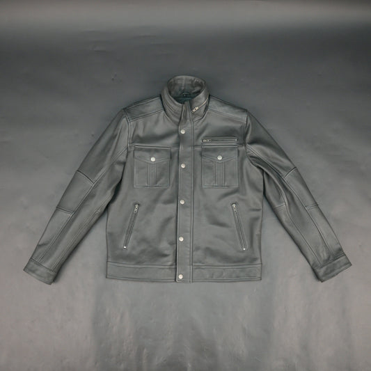 Mens Gray Stand Collar Leather Jacket Button Front with Flap Pockets & Zip Details #Desiderio #LeatherJacket #MensFashion #GenuineLeather #StandCollarJacket #LeatherStyle #PremiumOuterwear #CasualWear