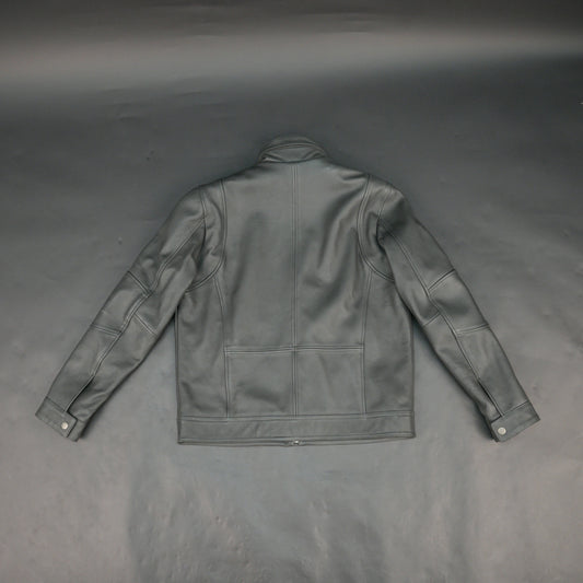 Mens Gray Stand Collar Leather Jacket Button Front with Flap Pockets & Zip Details #Desiderio #LeatherJacket #MensFashion #GenuineLeather #StandCollarJacket #LeatherStyle #PremiumOuterwear #CasualWear