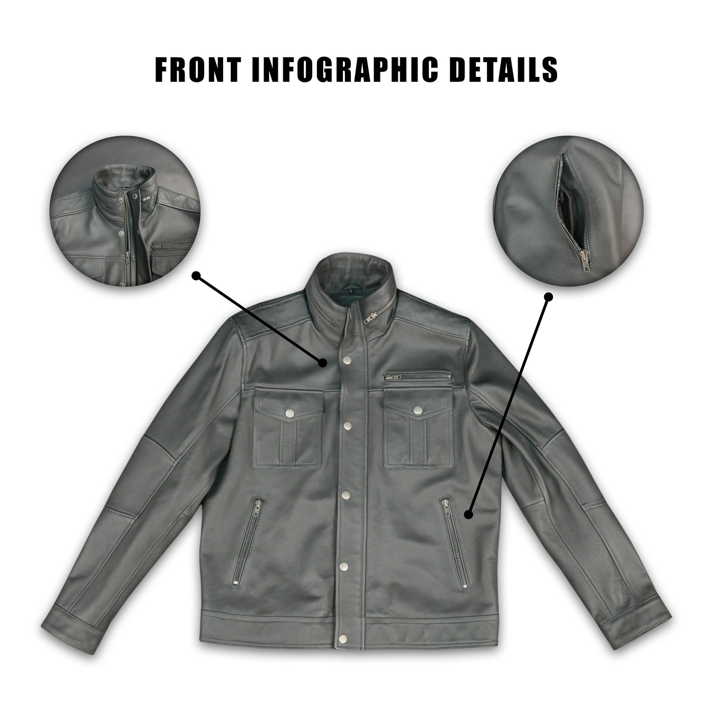 Mens Gray Stand Collar Leather Jacket Button Front with Flap Pockets & Zip Details #Desiderio #LeatherJacket #MensFashion #GenuineLeather #StandCollarJacket #LeatherStyle #PremiumOuterwear #CasualWear