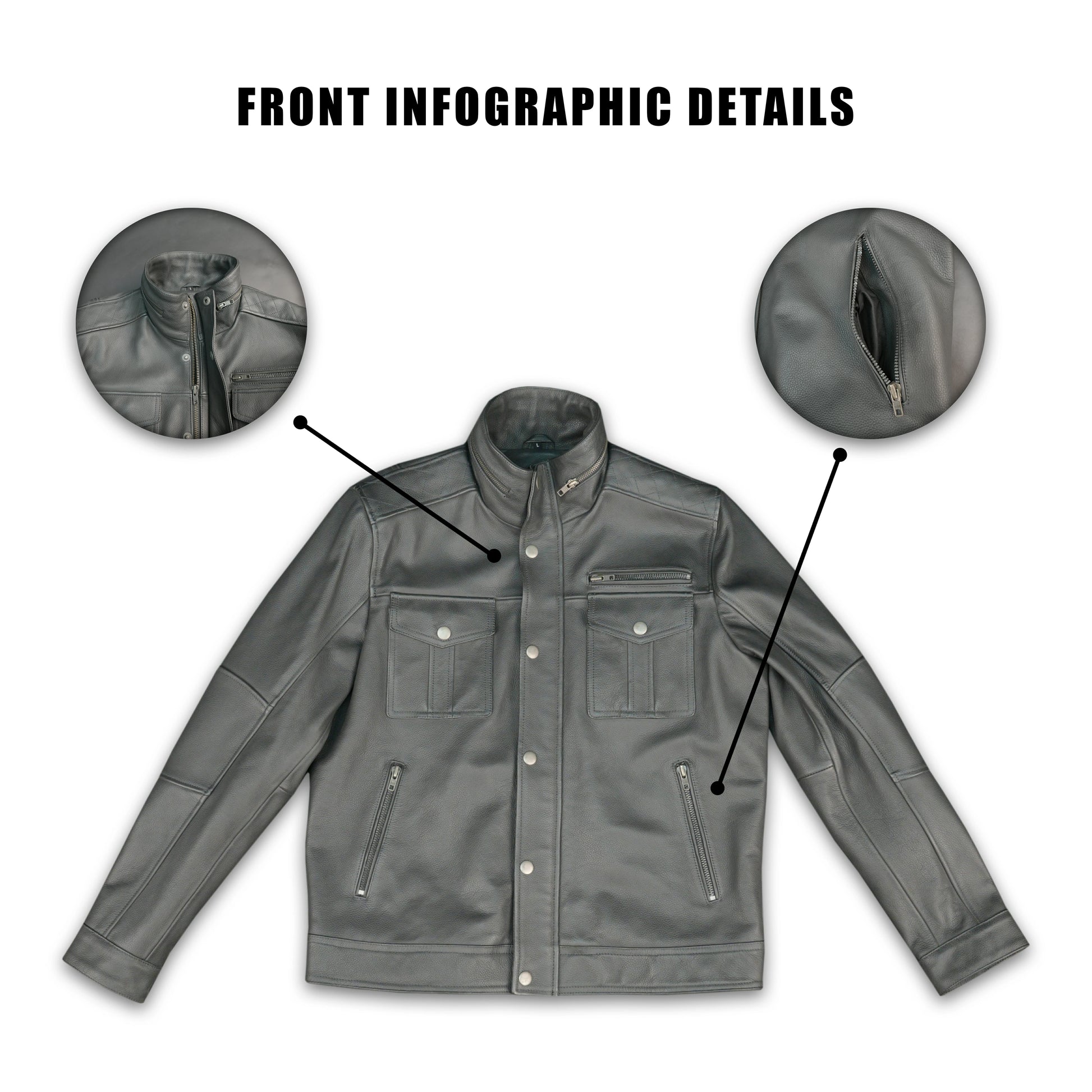 Mens Gray Stand Collar Leather Jacket Button Front with Flap Pockets & Zip Details #Desiderio #LeatherJacket #MensFashion #GenuineLeather #StandCollarJacket #LeatherStyle #PremiumOuterwear #CasualWear