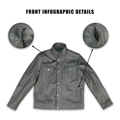 Mens Gray Stand Collar Leather Jacket Button Front with Flap Pockets & Zip Details #Desiderio #LeatherJacket #MensFashion #GenuineLeather #StandCollarJacket #LeatherStyle #PremiumOuterwear #CasualWear